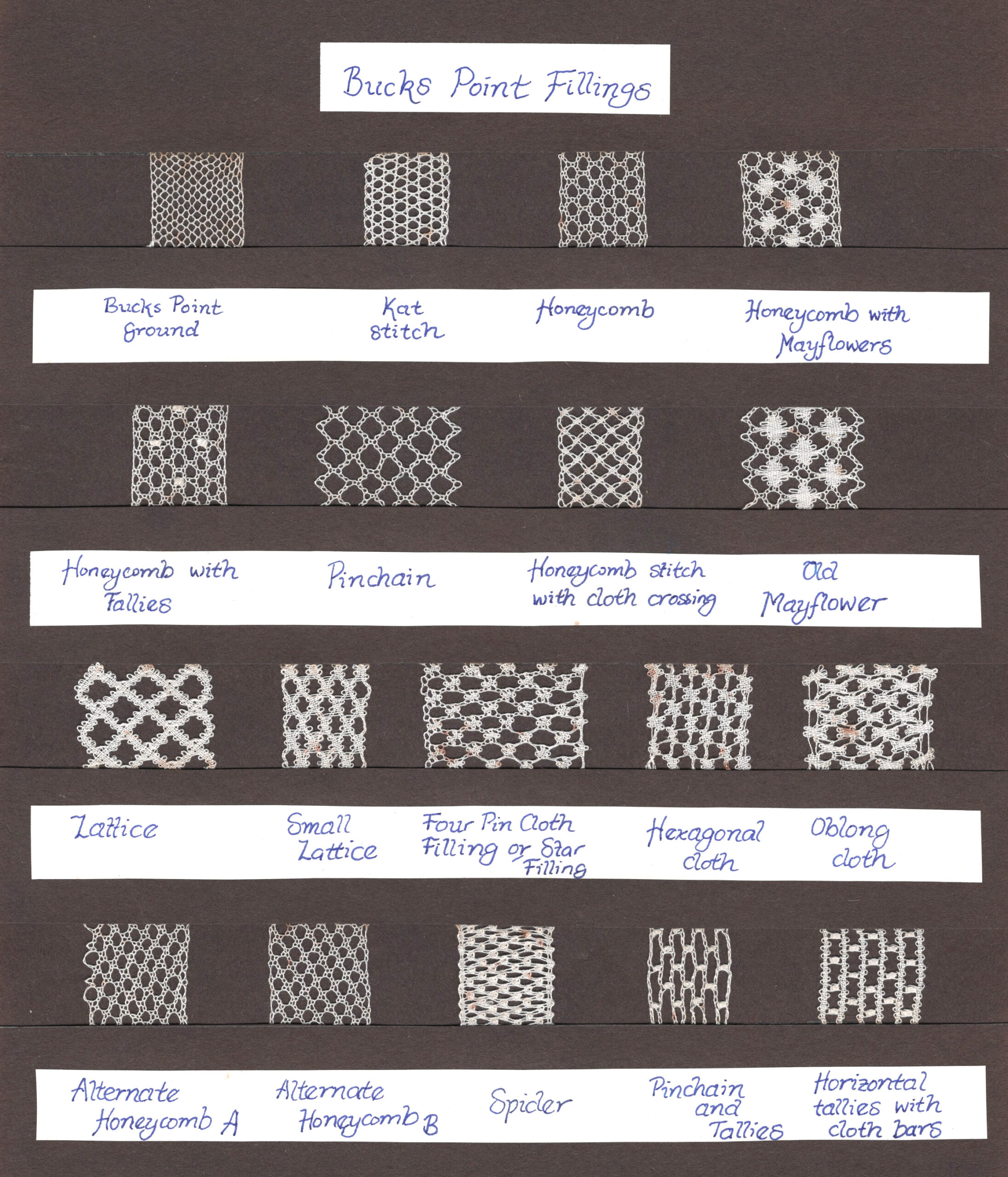 set of samples of Bucks Point lace fillings