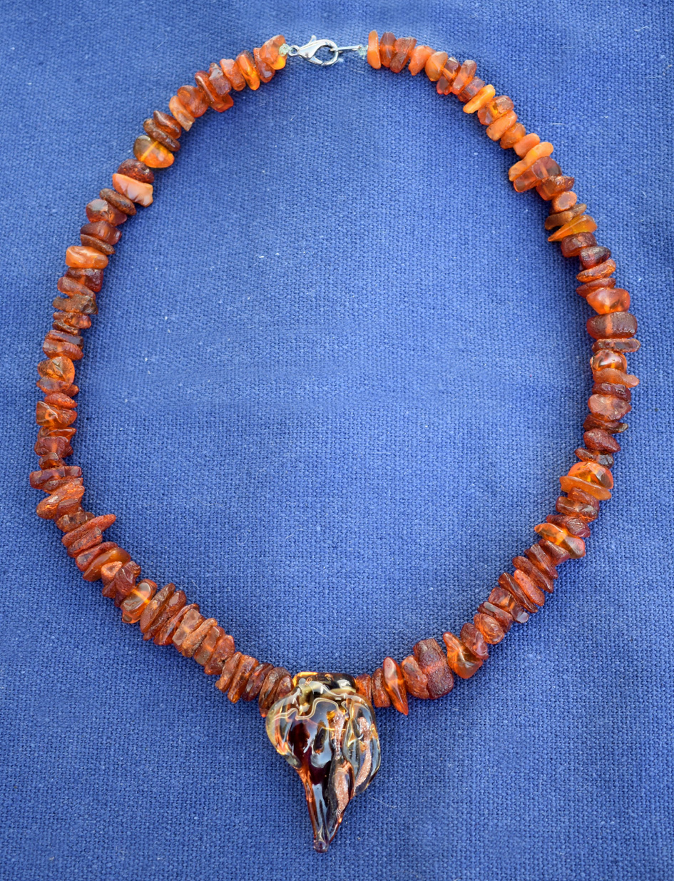 necklace with handmade glass leaf